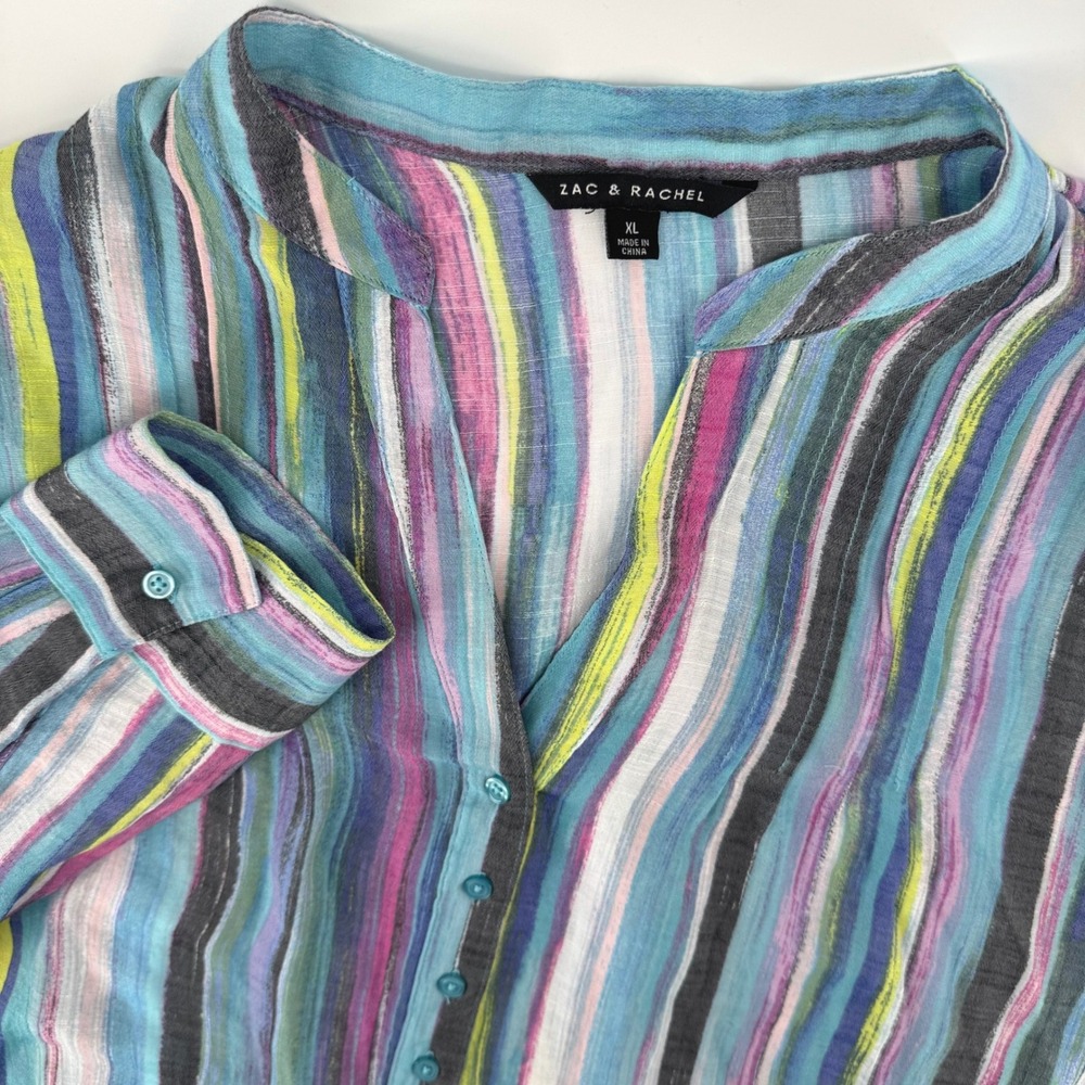 Zac & Rachel Gauzy Blouse Women XL Blue Pink Stripe Roll Tab Sleeve V-Neck Top